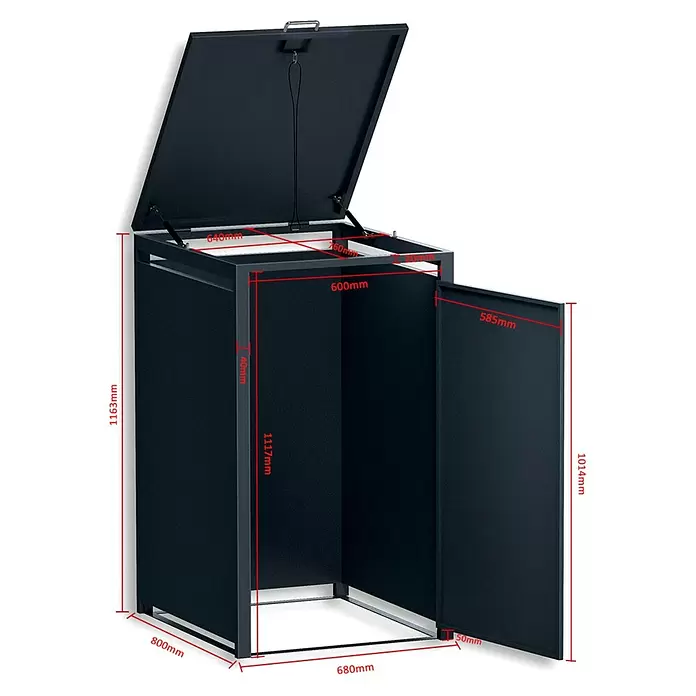 Metzler Mülltonnenbox - 68 x 80 cm, Stahl, Anthrazit/Braun, Geeignet für Anzahl Mülltonnen: 1 Stk. - Dunkelgraue Metall-Outdoor-Aufbewahrungsbox mit geöffnetem Deckel und Seitentür.