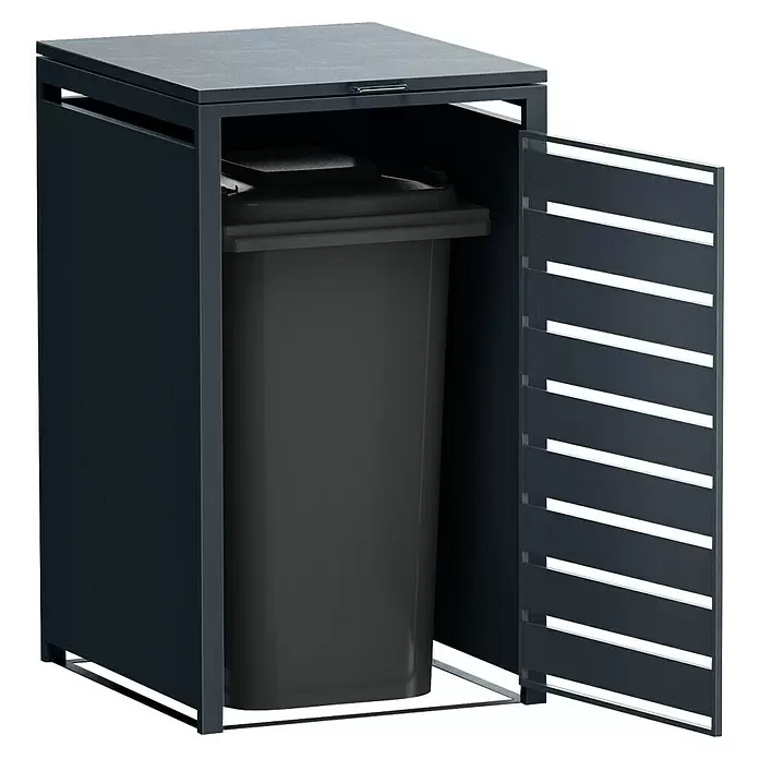 Metzler Mülltonnenbox - 68 x 80 cm, Stahl, Anthrazit, Geeignet für Anzahl Mülltonnen: 1 Stk., Mit Lamellen - Dunkelgraue Mülltonnenbox mit offener Lamellentür, die eine passende Mülltonne enthält.