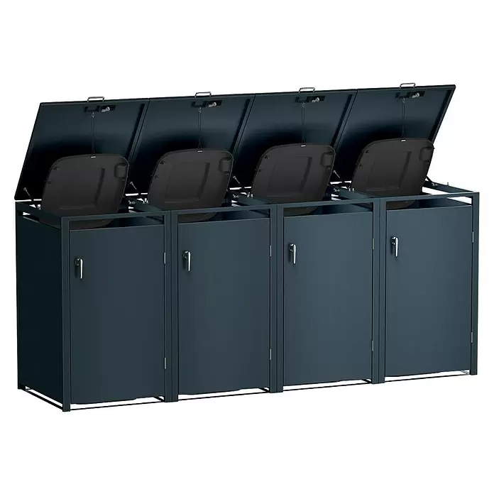 Metzler Mülltonnenbox 4er - 272 x 80 cm, Stahl, Anthrazit, Geeignet für Anzahl Mülltonnen: 4 Stk. - Dunkelgraue Vierraum-Mülltrennanlage mit geöffneten Oberklappen, die innere Behälterdeckel und Fronttüren zeigen.