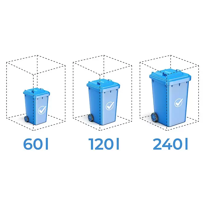 Metzler Mülltonnenbox - 132 x 80 cm, Stahl, Anthrazit, Geeignet für Anzahl Mülltonnen: 2 Stk., Mit Pflanzdach - Drei blaue Mülltonnen mit Deckel und Rollen, Kapazitäten 60L, 120L, 240L.