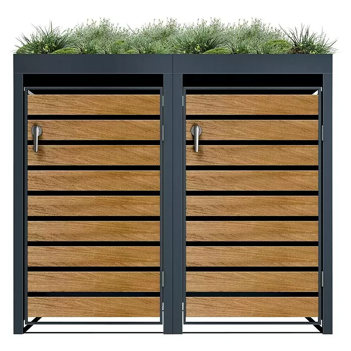 Metzler Mülltonnenbox - 136 x 80 cm, Stahl, Anthrazit/Braun, Geeignet für Anzahl Mülltonnen: 2 Stk., Mit Pflanzdach - Doppel-Mülltonnenbox mit dunkelgrauem Metallrahmen, Holzlamellentüren und begrünbarem Dach.