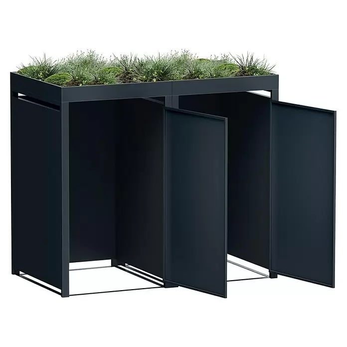 Metzler Mülltonnenbox - 132 x 80 cm, Stahl, Anthrazit, Geeignet für Anzahl Mülltonnen: 2 Stk., Mit Pflanzdach - Dunkelgraue Mülltonnenbox aus Metall mit integriertem Pflanzgefäß und grüner Bepflanzung. Mehrere Türen stehen leicht offen.