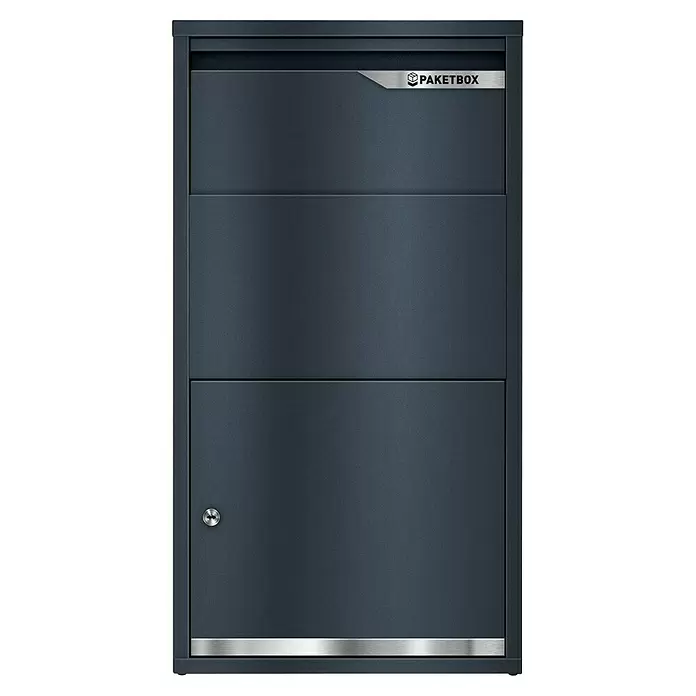 Metzler Paketbox Avalon 3 - L x B x H: 220 x 440 x 822 mm, Anthrazitgrau, Stahl, Fassungsvermögen: 34 l - Anthrazitfarbene Paketbox aus Metall mit 'PAKETBOX'-Beschriftung, silbernen Leisten und Schloss.