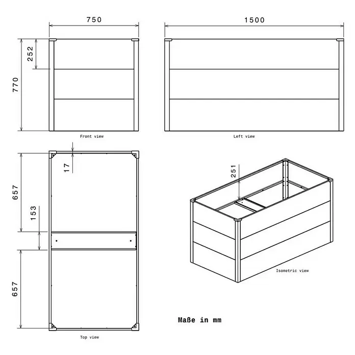 Metzler Hochbeet - 150 x 75 x 77 cm, Stahl, Anthrazit/Braun - Technische Zeichnung eines großen rechteckigen Pflanzkastens, 1500x750x770mm, mit Konstruktionsdetails.