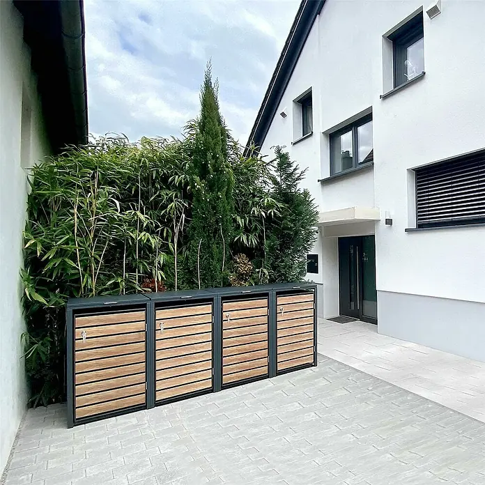 Metzler Mülltonnenbox - 68 x 80 cm, Stahl, Anthrazit/Braun, Geeignet für Anzahl Mülltonnen: 1 Stk. - Mülltonnenboxen aus Holz und Metall vor einem modernen Haus. Stilvolle Aufbewahrung für Abfallbehälter im Außenbereich.