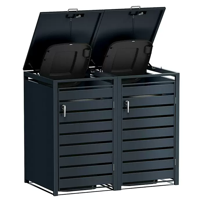 Metzler Mülltonnenbox - 136 x 80 cm, Stahl, Anthrazit, Geeignet für Anzahl Mülltonnen: 2 Stk., Mit Lamellen - Dunkelgraue Metall-Mülltonnenbox mit zwei Fächern und Lamellentüren. Beide Deckel sind geöffnet und zeigen die inneren Behälterdeckel.