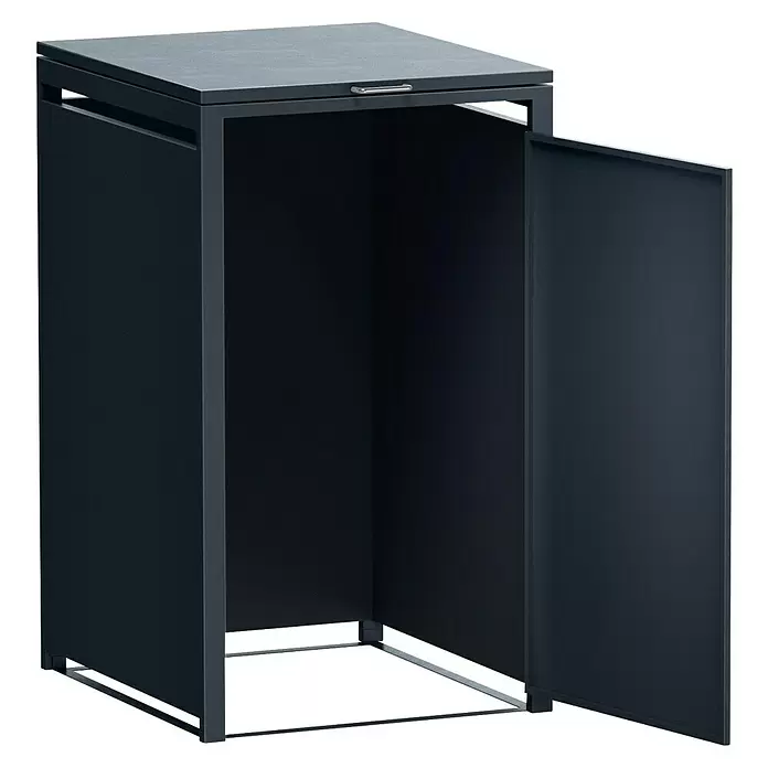 Metzler Mülltonnenbox 1er - 68 x 80 cm, Stahl, Anthrazit, Geeignet für Anzahl Mülltonnen: 1 Stk. - Dunkelgrauer Metall-Außenlagerschrank mit geöffnetem Deckel und geöffneter Fronttür.