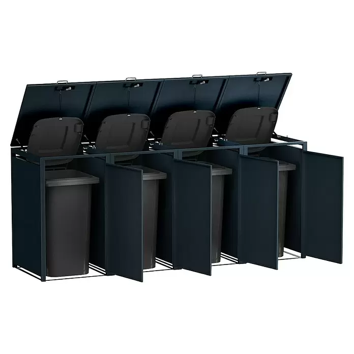 Metzler Mülltonnenbox 4er - 272 x 80 cm, Stahl, Anthrazit, Geeignet für Anzahl Mülltonnen: 4 Stk. - Dunkle Abfalltrennstation mit vier Fächern, offenen Deckeln und integrierten Behältern.