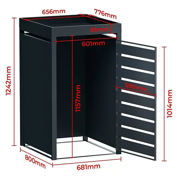 Metzler Mülltonnenbox - 68 x 80 cm, Stahl, Anthrazit/Braun, Geeignet für Anzahl Mülltonnen: 1 Stk., Mit Pflanzdach - Schwarze Metall-Außenaufbewahrungsbox mit offener Lamellentür und Maßen.