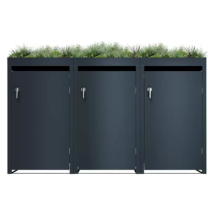 Metzler Mülltonnenbox - 198,5 x 80 cm, Stahl, Anthrazit, Geeignet für Anzahl Mülltonnen: 3 Stk., Mit Pflanzdach - Anthrazitfarbene Mülltonnenbox aus Metall mit drei Fächern und bepflanzbarem Dach.