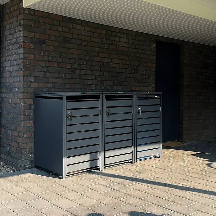 Metzler Mülltonnenbox - 204 x 80 cm, Stahl, Anthrazit, Geeignet für Anzahl Mülltonnen: 3 Stk., Mit Lamellen - Eine stilvolle Mülltonnenbox mit Lamellen-Design in Grau, die sich nahtlos in die Architektur einfügt und für Ordnung sorgt.
