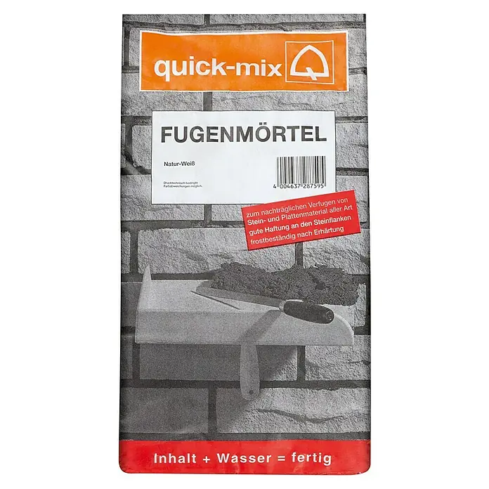 Quick-Mix Fugenmörtel FM - Weiß, 10 kg - Bild einer Packung Fugenmörtel von Quick-Mix, Natur-Weiß, für nachträgliches Verfugen von Stein- und Plattenmaterial aller Art.