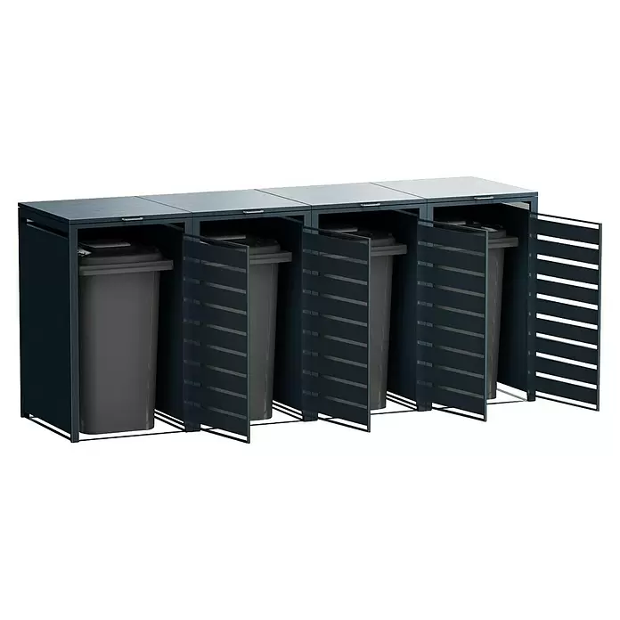 Metzler Mülltonnenbox - 272 x 80 cm, Stahl, Anthrazit, Geeignet für Anzahl Mülltonnen: 4 Stk., Mit Lamellen - Dunkelgraue Mülltonnenbox mit vier Fächern, Lamellentüren und hellgrauen Tonnen. Klappdeckel oben.