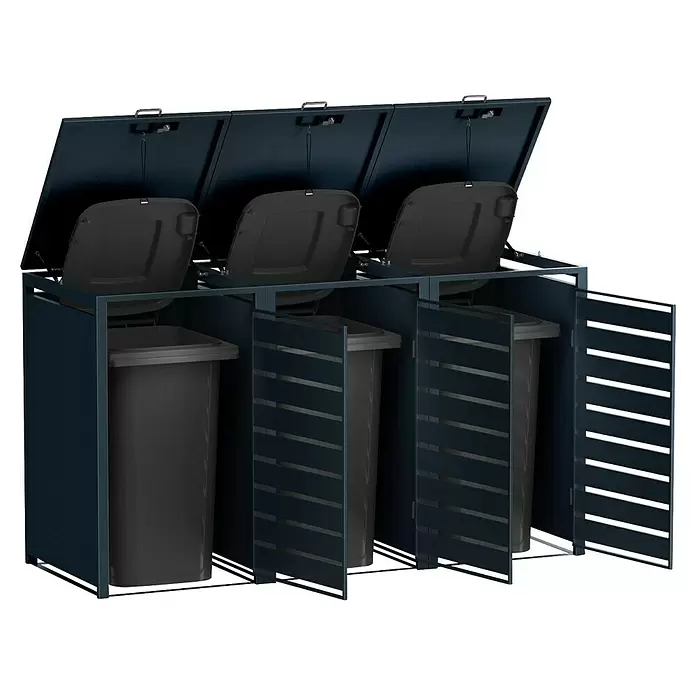 Metzler Mülltonnenbox - 204 x 80 cm, Stahl, Anthrazit, Geeignet für Anzahl Mülltonnen: 3 Stk., Mit Lamellen - Dunkelgraue Mülltonnenbox mit drei Fächern, offenen Deckeln und Lamellentüren, mit Mülleimern.