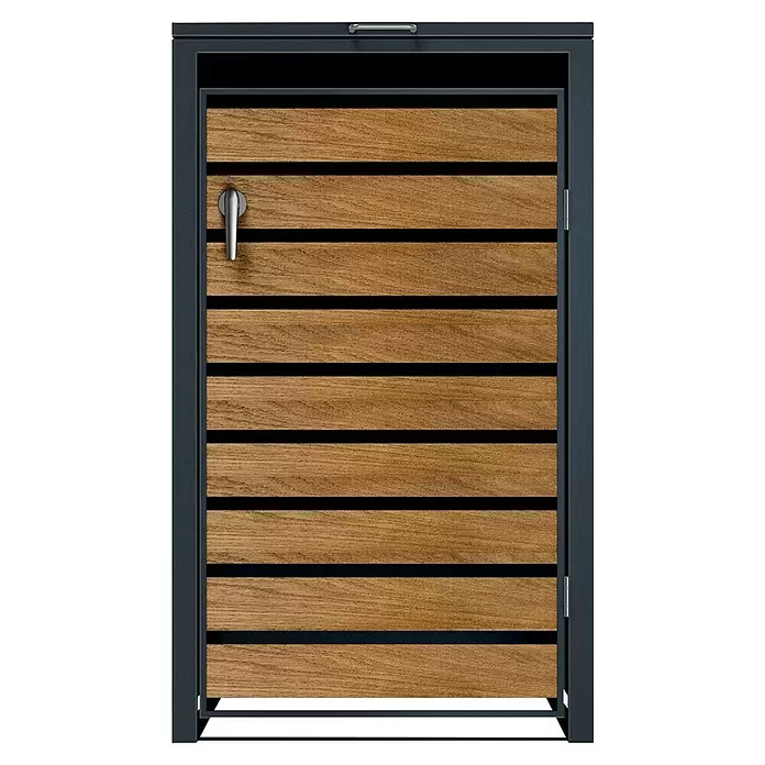 Metzler Mülltonnenbox - 68 x 80 cm, Stahl, Anthrazit/Braun, Geeignet für Anzahl Mülltonnen: 1 Stk. - Outdoor-Lagerschrank mit Lamellentür aus Holz, dunklem Metallrahmen und silbernem Griff.