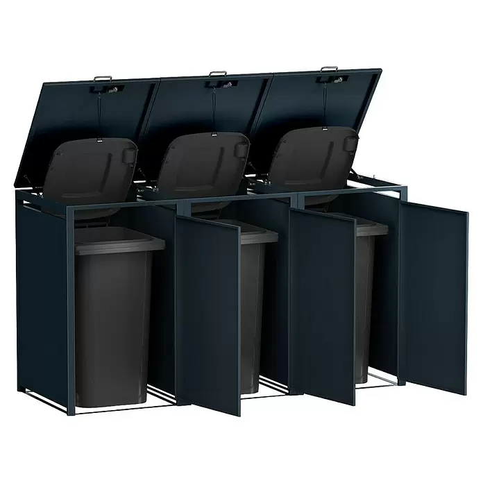 Metzler Mülltonnenbox 3er - 204 x 80 cm, Stahl, Anthrazit, Geeignet für Anzahl Mülltonnen: 3 Stk. - Dunkelblaues Dreifach-Mülltrennsystem mit offenen Deckeln und drei schwarzen Abfallbehältern.