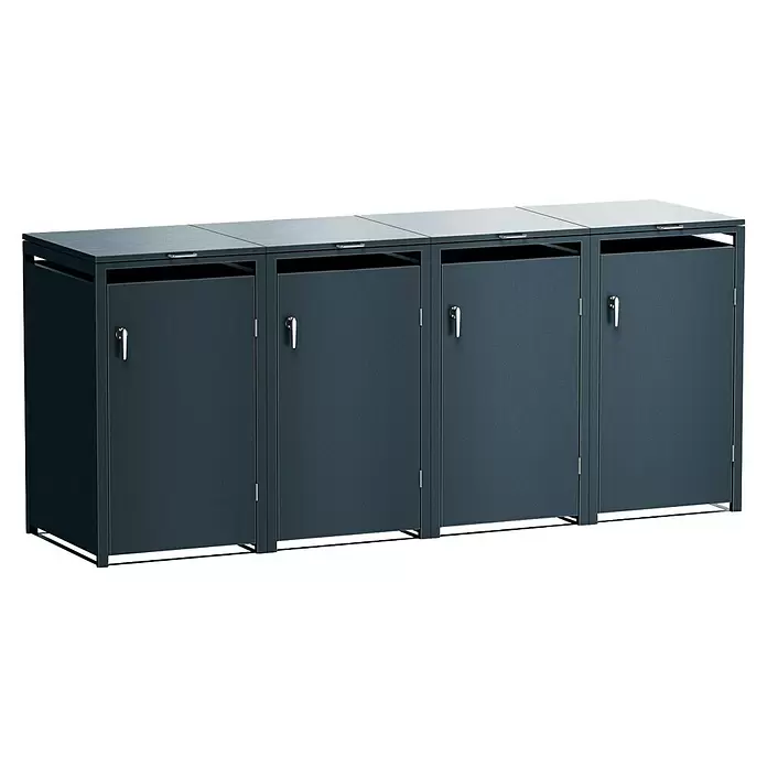 Metzler Mülltonnenbox 4er - 272 x 80 cm, Stahl, Anthrazit, Geeignet für Anzahl Mülltonnen: 4 Stk. - Dunkelgraue modulare Metall-Lagerbox mit vier Fächern, jeweils mit Deckel und Fronttür mit Griff.