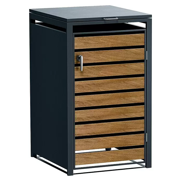 Metzler Mülltonnenbox - 68 x 80 cm, Stahl, Anthrazit/Braun, Geeignet für Anzahl Mülltonnen: 1 Stk. - Dunkelgrauer Metall-Außenlagerschrank mit einer Tür aus Holzlamellen und einem Deckel.
