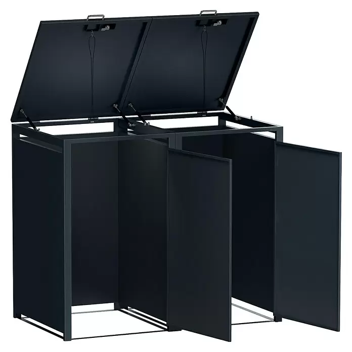 Metzler Mülltonnenbox 2er - 136 x 80 cm, Stahl, Anthrazit, Geeignet für Anzahl Mülltonnen: 2 Stk. - Dunkelgraue Metall-Abfallbehälterbox mit zwei offenen Fächern, Klappen und Türen.