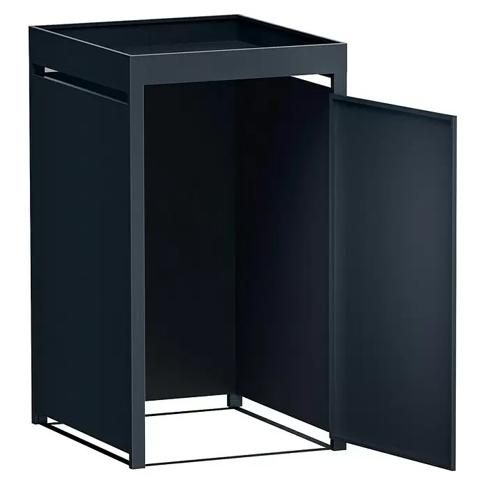 Metzler Mülltonnenbox - 68 x 80 cm, Stahl, Anthrazit, Geeignet für Anzahl Mülltonnen: 1 Stk., Mit Pflanzdach - Dunkelgraue Umkleide- oder Sichtschutzbox aus Metall mit offener Tür.