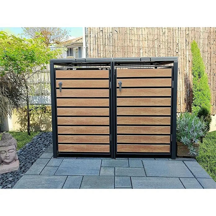 Metzler Mülltonnenbox - 136 x 80 cm, Stahl, Anthrazit/Braun, Geeignet für Anzahl Mülltonnen: 2 Stk. - Doppel-Mülltonnenbox aus Holz und Metall für den Außenbereich im Garten.