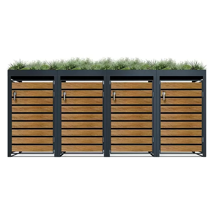 Metzler Mülltonnenbox - 326 x 80 cm, Stahl, Anthrazit/Braun, Geeignet für Anzahl Mülltonnen: 4 Stk., Mit Pflanzdach - Vierer Mülltonnenbox mit Holzlamellentüren, anthrazitfarbenem Rahmen und grün bepflanztem Dach.