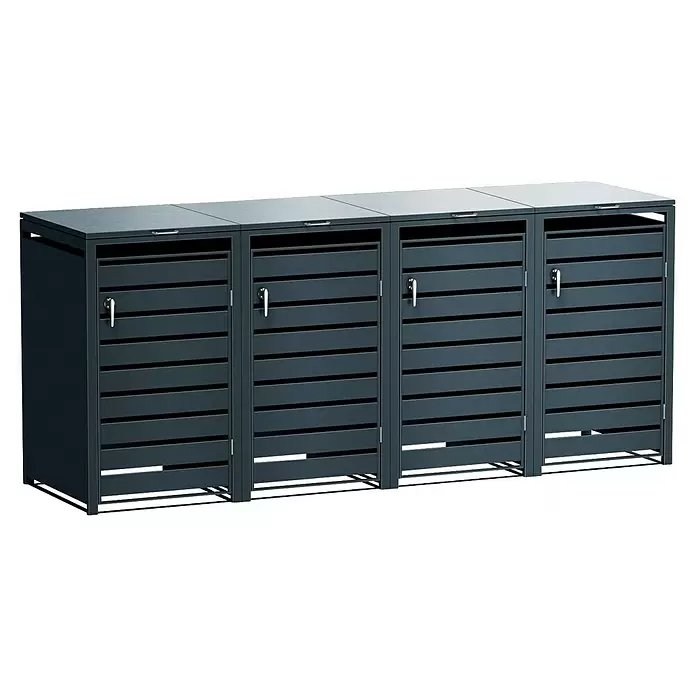 Metzler Mülltonnenbox - 272 x 80 cm, Stahl, Anthrazit, Geeignet für Anzahl Mülltonnen: 4 Stk., Mit Lamellen - Dunkelgraue Lamellen-Mülltonnenbox mit vier Fächern.
