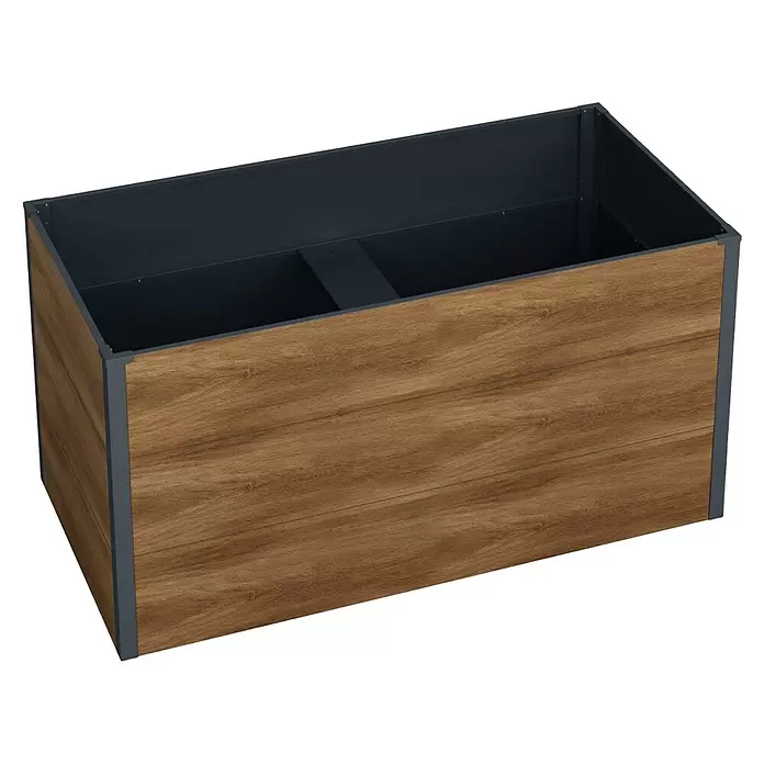 Metzler Hochbeet - 150 x 75 x 77 cm, Stahl, Anthrazit/Braun - Rechteckiger Pflanzkasten mit dunklen Holzoptik-Paneelen und dunkelgrauem Metallrahmen.