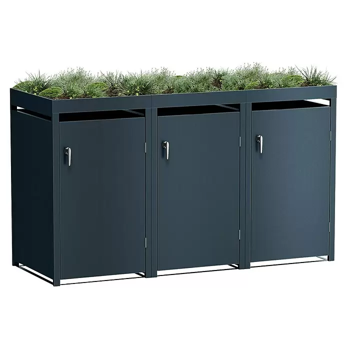 Metzler Mülltonnenbox - 198,5 x 80 cm, Stahl, Anthrazit, Geeignet für Anzahl Mülltonnen: 3 Stk., Mit Pflanzdach - Dunkelgraue Metall-Mülltonnenbox mit drei Fächern und begrünter Dachbepflanzung.