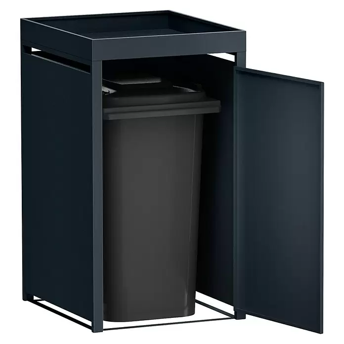 Metzler Mülltonnenbox - 68 x 80 cm, Stahl, Anthrazit, Geeignet für Anzahl Mülltonnen: 1 Stk., Mit Pflanzdach - Dunkelgraue Metall-Mülltonnenbox mit offener Tür, die eine passende dunkelgraue Kunststoff-Mülltonne im Inneren zeigt.
