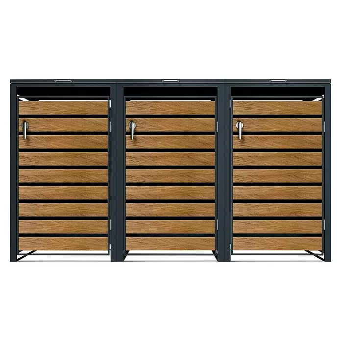 Metzler Mülltonnenbox - 204 x 80 cm, Stahl, Anthrazit/Braun, Geeignet für Anzahl Mülltonnen: 3 Stk. - Dreifach-Außenlagerbehälter mit dunkelgrauem Metallrahmen und natürlichen Holzlatten, jeweils mit silbernem Griff.