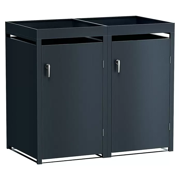 Metzler Mülltonnenbox - 132 x 80 cm, Stahl, Anthrazit, Geeignet für Anzahl Mülltonnen: 2 Stk., Mit Pflanzdach - Anthrazitfarbener Metall-Abfallbehälter mit zwei Fächern, oberen Öffnungen und silbernen Griffen.