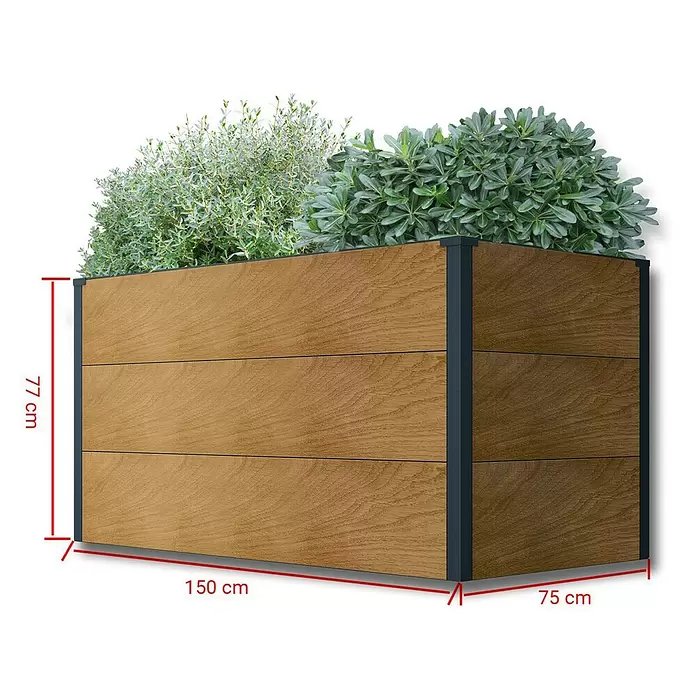 Metzler Hochbeet - 150 x 75 x 77 cm, Stahl, Anthrazit/Braun - Großes Pflanzgefäß aus Holz mit dunklen Metallecken, gefüllt mit grünen Pflanzen. Maße: 150x75x77 cm.
