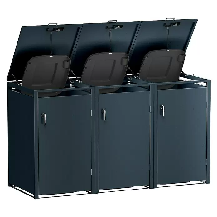 Metzler Mülltonnenbox 3er - 204 x 80 cm, Stahl, Anthrazit, Geeignet für Anzahl Mülltonnen: 3 Stk. - Dunkelgraue Dreifach-Recyclingstation mit aufklappbaren Deckeln und drei Behältern, ideal zur Mülltrennung.