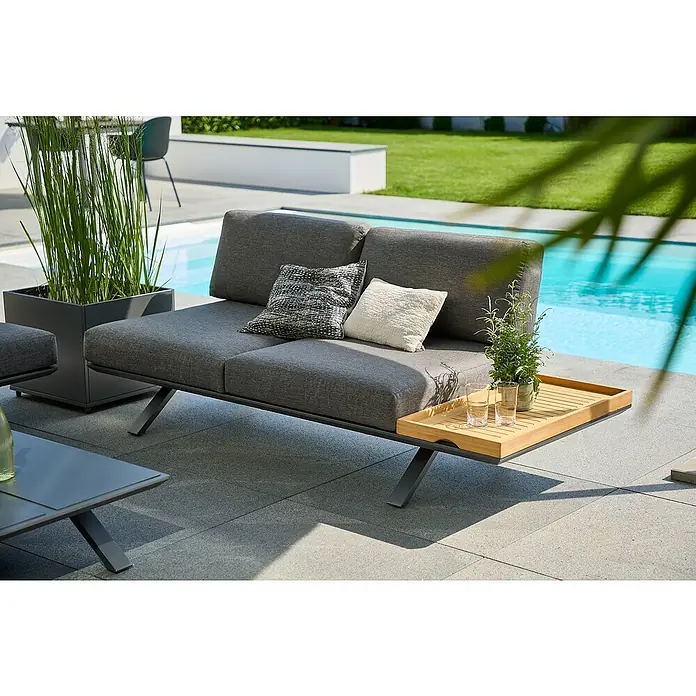 Sunfun Lumar Loungesofa - L x B x H: 195,5 x 87 x 68 cm, Aluminium, Night-Grey - Elegantes graues Outdoor-Sofa mit Kissen und einem Beistelltisch aus Holz, ideal für entspannte Stunden im Freien. Die perfekte Ergänzung für jeden Garten.
