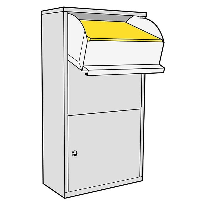 Metzler Paketbox Avalon 3 - L x B x H: 220 x 440 x 822 mm, Anthrazitgrau, Stahl, Fassungsvermögen: 34 l - Hellgrauer Metallpaketkasten mit gelber Öffnung oben und abschließbarem unteren Fach.