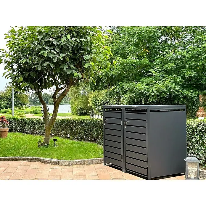 Metzler Mülltonnenbox - 136 x 80 cm, Stahl, Anthrazit, Geeignet für Anzahl Mülltonnen: 2 Stk., Mit Lamellen - Dunkelgraue Mülltonnenbox für zwei Tonnen mit Lattenmuster. Schützt und versteckt Abfalltonnen stilvoll im Außenbereich.