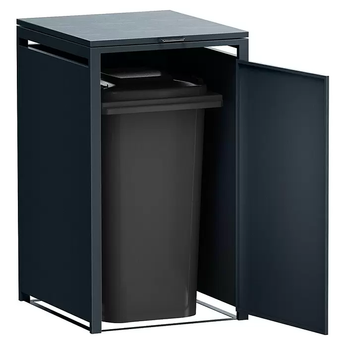 Metzler Mülltonnenbox 1er - 68 x 80 cm, Stahl, Anthrazit, Geeignet für Anzahl Mülltonnen: 1 Stk. - Dunkelgraue Metall-Mülltonnenbox mit geöffneter Tür, die eine graue Plastikmülltonne zeigt.