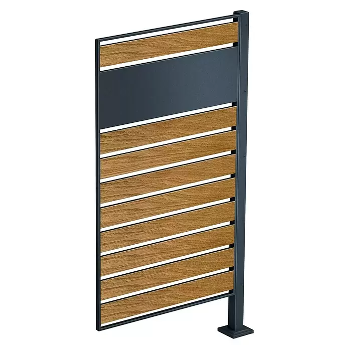 Metzler Mülltonnenverkleidung Erweiterung - 81,1 x 150 cm, Stahl, Anthrazit/Braun - Sichtschutzwand mit dunkelgrauem Metallrahmen und hellbraunen Holzlamellen, oben ein massives dunkelgraues Paneel.