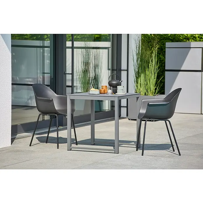 Sunfun Balkonmöbel-Set Amy/My - 3 -tlg., Night-Grey/Schwarz - Grauer Gartentisch mit zwei Armlehnstühlen und Geschirr für entspannte Momente im Freien. Stilvolles Design für Terrasse oder Balkon.