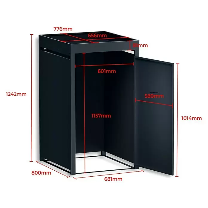 Metzler Mülltonnenbox - 68 x 80 cm, Stahl, Anthrazit, Geeignet für Anzahl Mülltonnen: 1 Stk., Mit Pflanzdach - Dunkelgraues Metall-Außengehäuse mit offener Vorderseite und Scharniertür.
