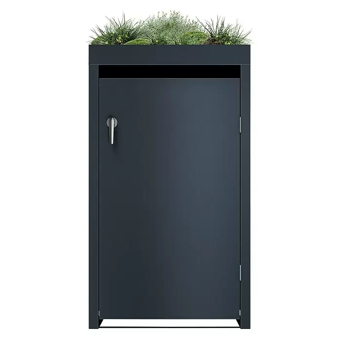 Metzler Mülltonnenbox - 68 x 80 cm, Stahl, Anthrazit, Geeignet für Anzahl Mülltonnen: 1 Stk., Mit Pflanzdach - Dunkelgraues Metall-Aufbewahrungsschrank mit integriertem Pflanzenkasten und üppigem Grün.