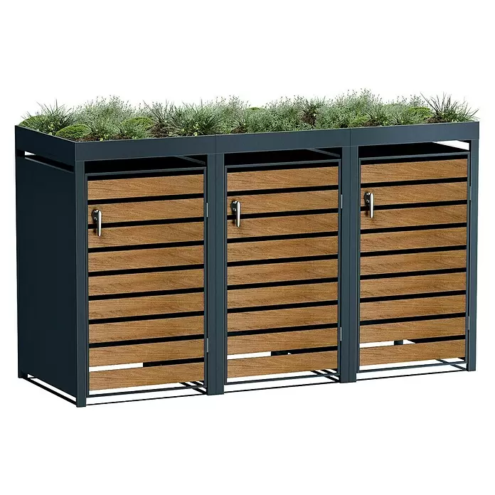 Metzler Mülltonnenbox - 204 x 80 cm, Stahl, Anthrazit/Braun, Geeignet für Anzahl Mülltonnen: 3 Stk., Mit Pflanzdach - Mülltonnenbox mit drei Fächern, dunklem Metallrahmen, hellen Holzlamellentüren und begrünter Dachbepflanzung.