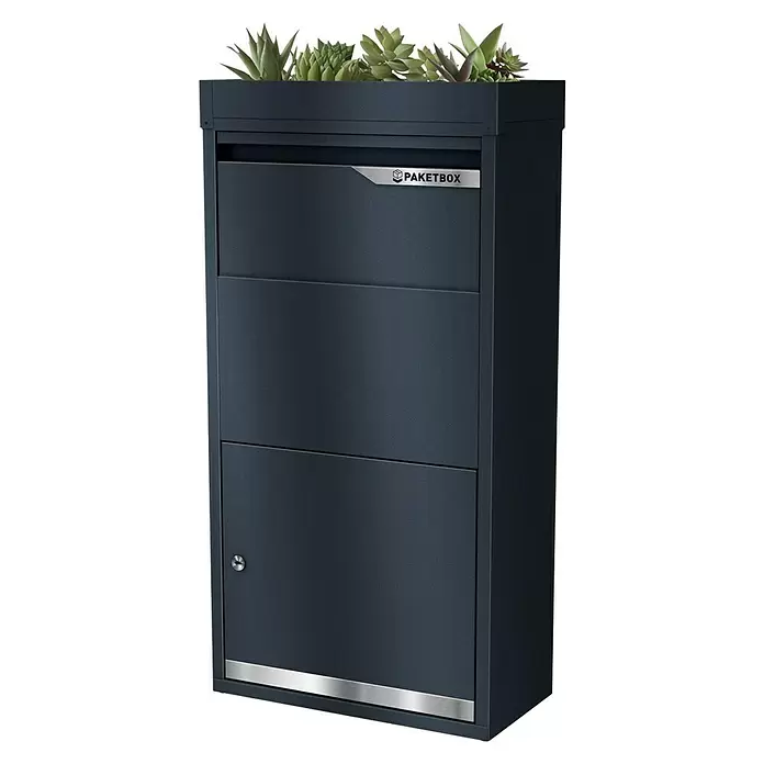 Metzler Paketbox Avalon 3 mit Pflanzdach - L x B x H: 220 x 440 x 870 mm, Anthrazitgrau, Stahl, Fassungsvermögen: 34 l - Dunkelgraue Metall-Paketbox mit Pflanzenaufsatz für Sukkulenten und silbernem „PAKETBOX“-Etikett. Verfügt über eine untere Tür mit Schloss.