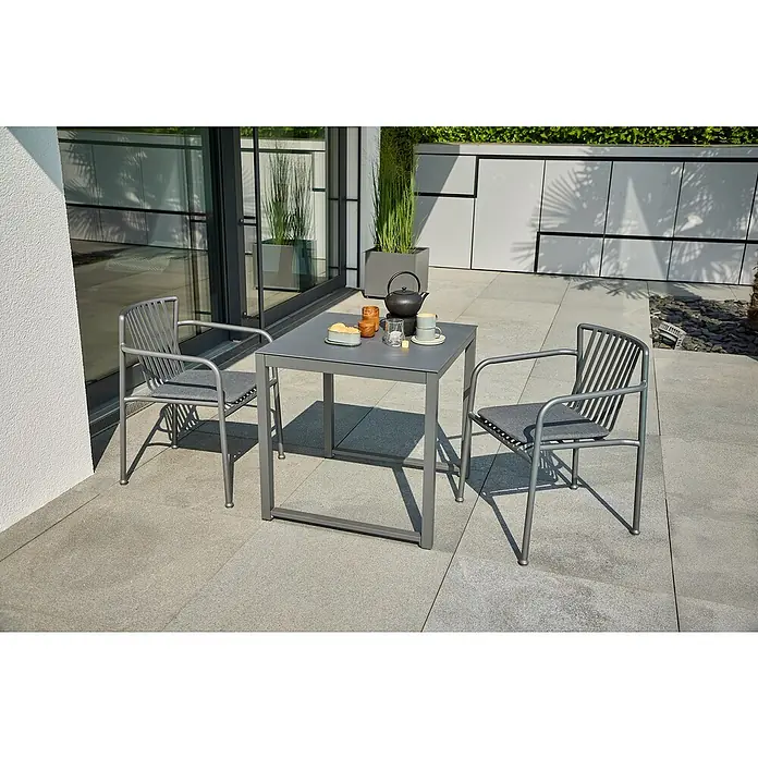 Sunfun Sarah Stapelsessel - Stapelbar, Night-Grey, B x T x H: 59 x 80 x 57 cm - Modernes Outdoor-Set mit grauem Tisch und Stühlen. Das Set ist perfekt für entspannte Stunden im Freien.