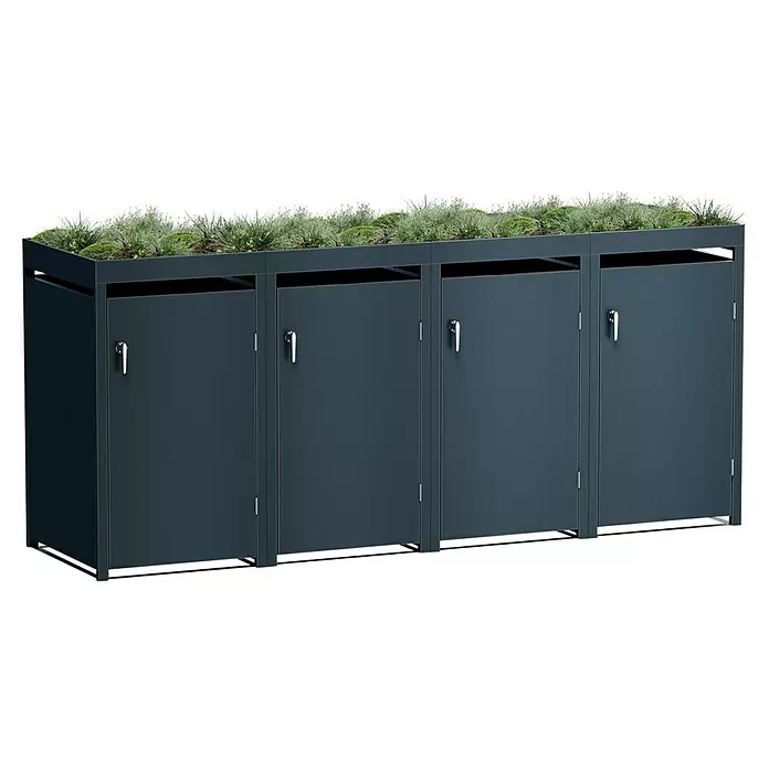 Metzler Mülltonnenbox - Stahl, Anthrazit, Geeignet für Anzahl Mülltonnen: 4 Stk., Mit Pflanzdach - Dunkelgraue Metall-Mülltrenneinheit mit mehreren Fächern und bepflanztem Dach.