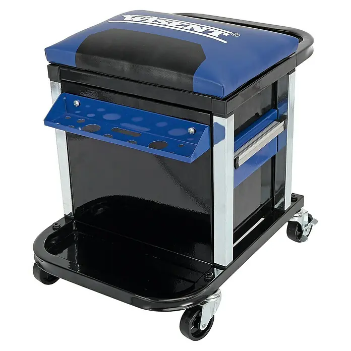 Wisent Montage-Rollhocker - 52 x 37 x 48 cm, Traglast: 150 kg - Rollhocker mit blau-schwarzem Sitzpolster und Werkzeugablagen. Praktischer Werkstatthocker für mehr Komfort bei der Arbeit.