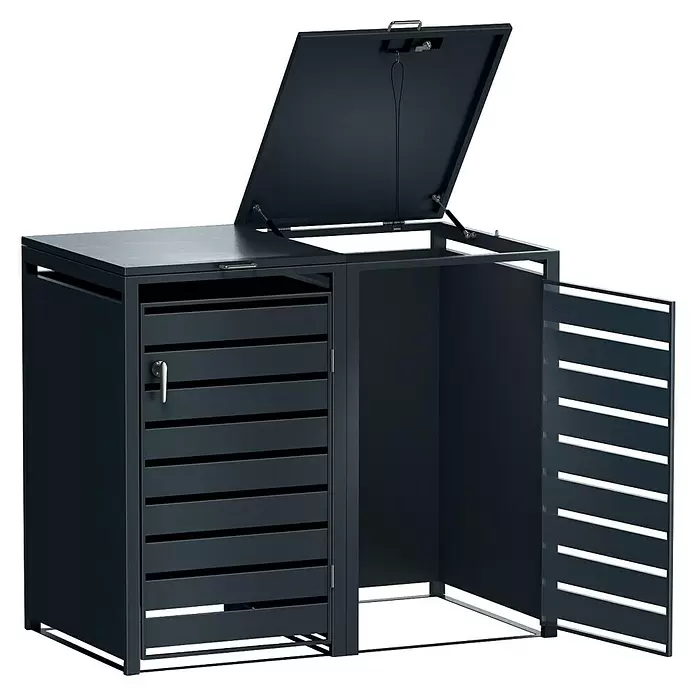 Metzler Mülltonnenbox - 136 x 80 cm, Stahl, Anthrazit, Geeignet für Anzahl Mülltonnen: 2 Stk., Mit Lamellen - Anthrazitfarbene Mülltonnenbox/Paketbox aus Metall mit offenem Deckel und Lamellentür.