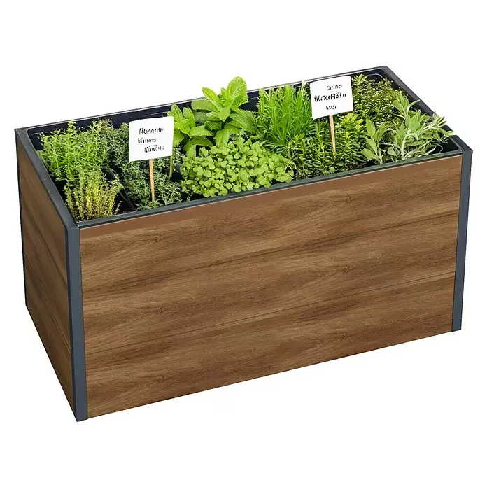 Metzler Hochbeet - 150 x 75 x 77 cm, Stahl, Anthrazit/Braun - Hölzerner Kräuter-Pflanzkasten mit dunklem Rahmen, gefüllt mit verschiedenen Kräutern und Etiketten.