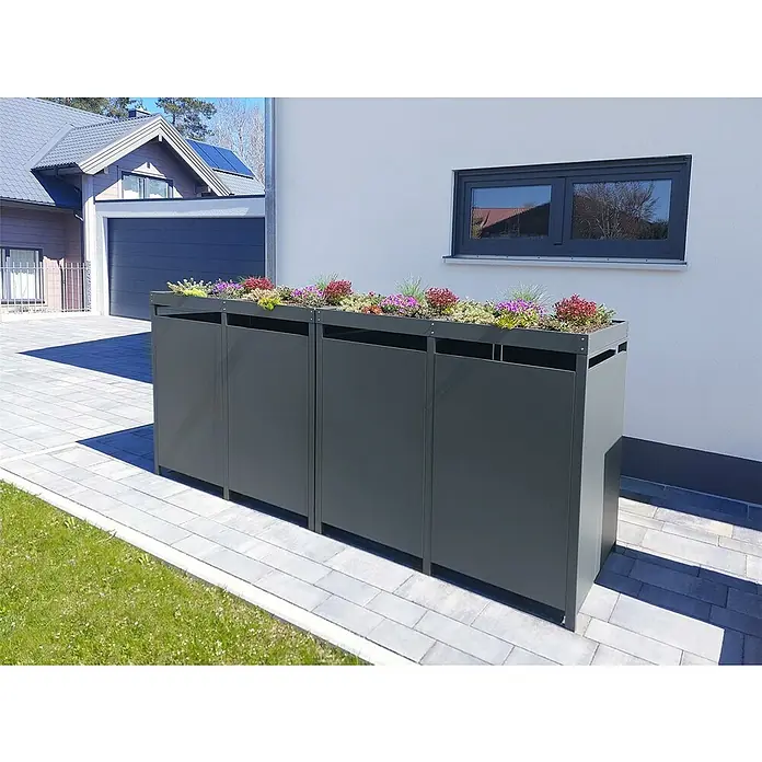 Metzler Mülltonnenbox - 326 x 80 cm, Stahl, Anthrazit/Braun, Geeignet für Anzahl Mülltonnen: 4 Stk., Mit Pflanzdach - Diese Aufnahme zeigt einen modernen Mülltonnenbox mit Pflanzenbeet obenauf, die Funktionalität und Ästhetik vereint.